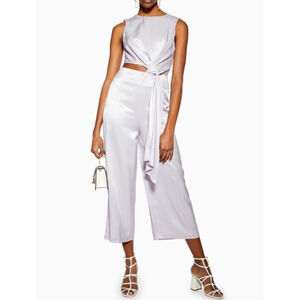 NWT Topshop Satin Twill Jumpsuit Size:10 Twist Front Waist Cutout Wide Leg Lilac